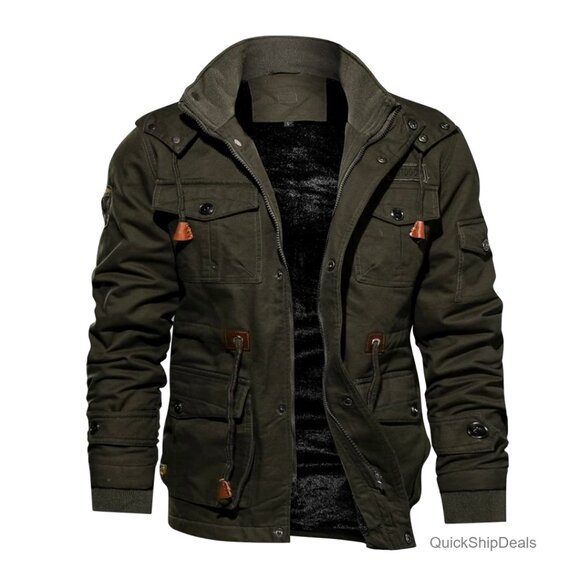 Men's Fleece Lined Cotton Winter Jacket with Hood and 8 Pockets